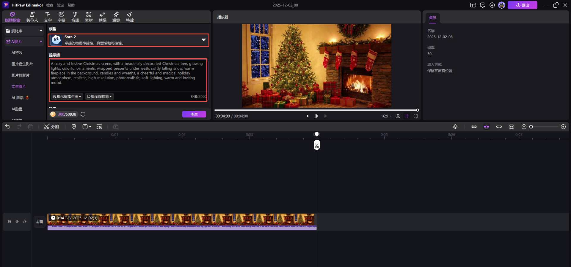 使用 Sora 2 模型創建聖誕影片
