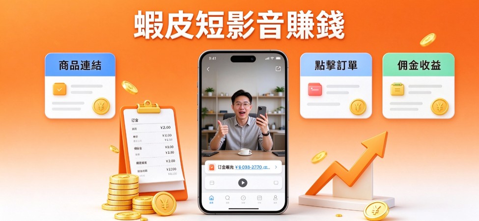 蝦皮短影音分潤示意圖，呈現商品連結、點擊訂單與佣金收益