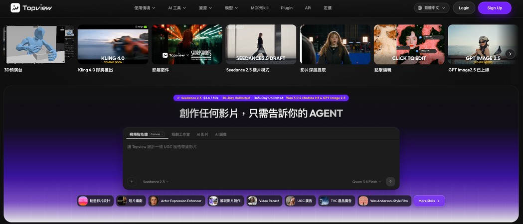 Topview AI 繁體中文首頁，展示 AI 影片模型與影片代理輸入區