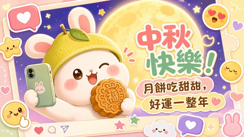 可愛玉兔中秋節祝福圖，適合 LINE、IG 與 Threads 分享