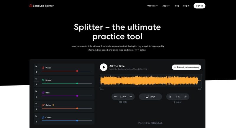BandLab Splitter 線上人聲分離網站操作介面