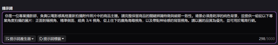 多角度商品圖 Prompt 示意（AI 生成商品圖）