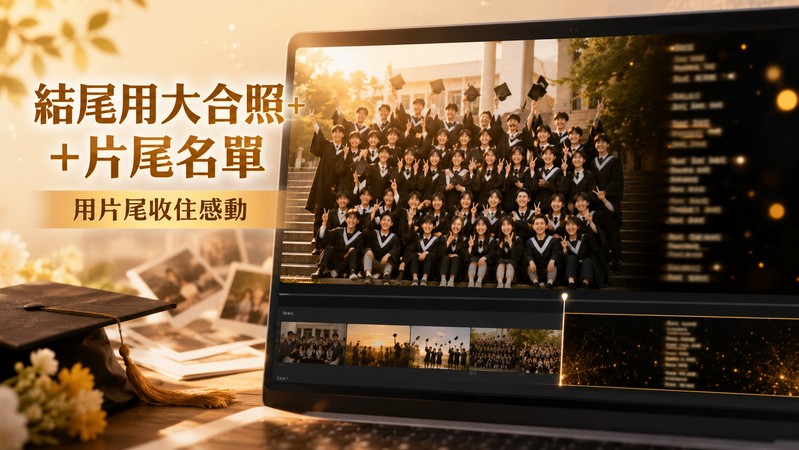 大合照與片尾名單設定直向捲動字幕效果的剪輯畫面