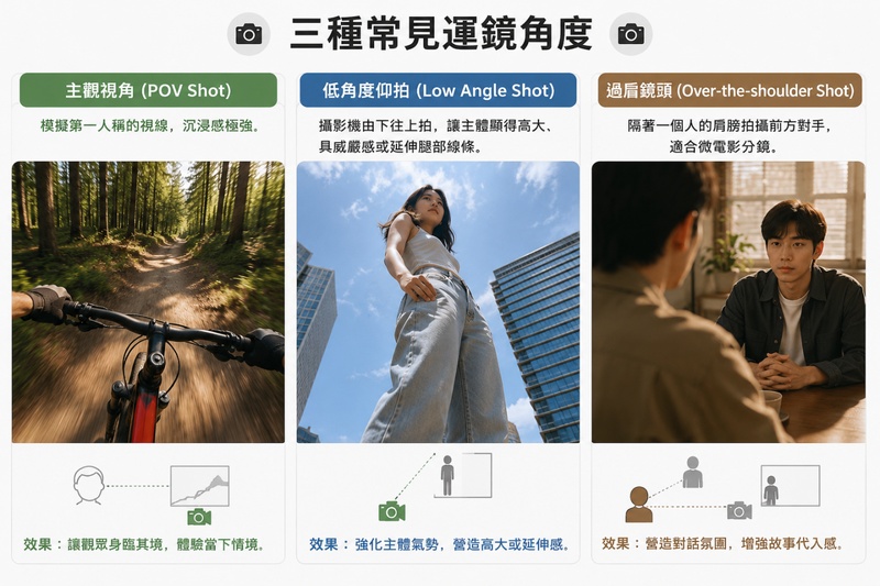 POV 主觀視角、低角度仰拍與過肩鏡頭示意