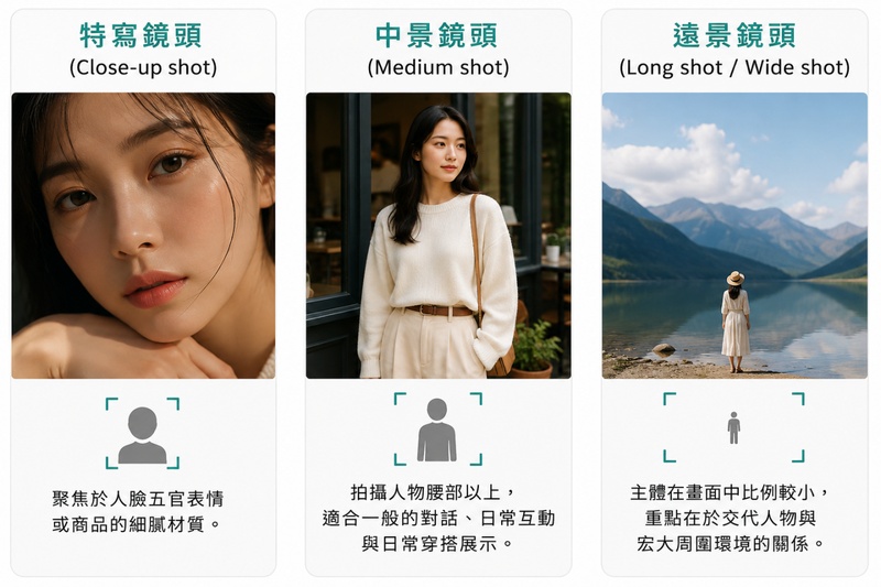 AI 鏡頭提示詞中的特寫、中景與遠景構圖比較