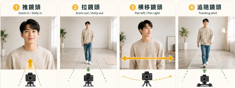 AI 運鏡提示詞中的推鏡、拉鏡、橫移與追隨鏡頭示意