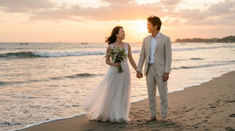 海邊日落 AI 雙人婚紗照