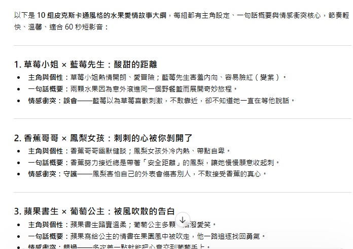 使用 ChatGPT 生成 AI 水果短劇腳本與分鏡大綱