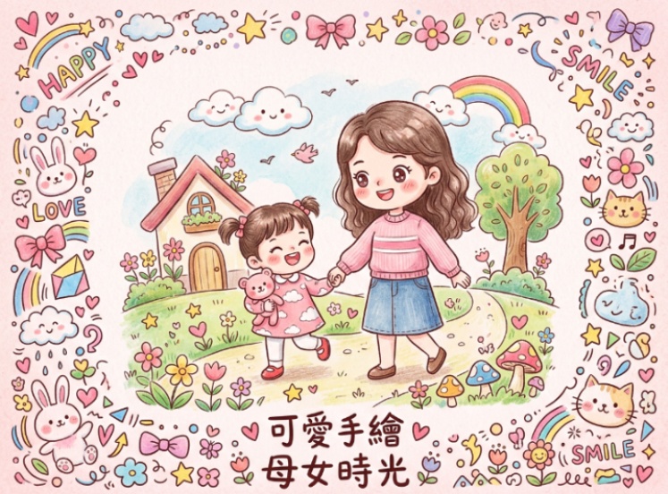 可愛手繪 Q 版母女插畫母親節卡片範本