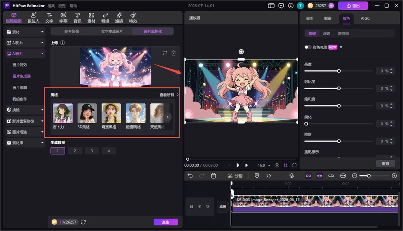 在 Edimakor 輸入文字生成不同風格的 AI 合照
