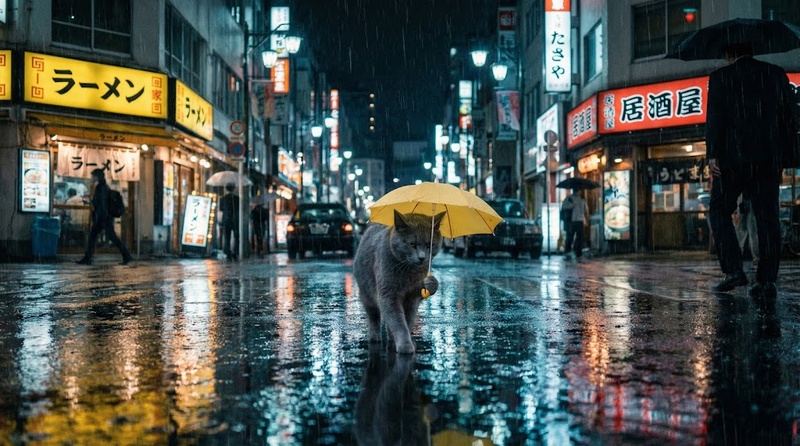 AI 貓咪雨中漫步