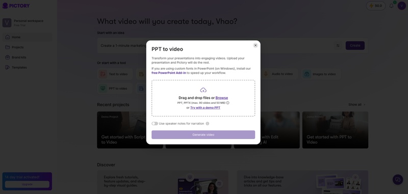 Pictory 自動加入旁白與素材製作簡報影片