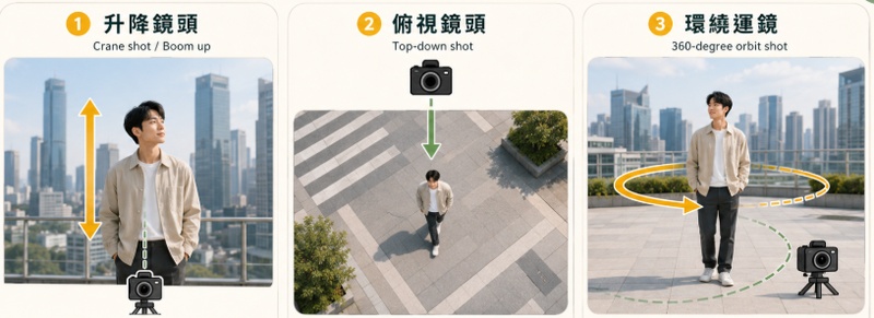 升降鏡頭、俯視鏡頭與 360 度環繞運鏡示意