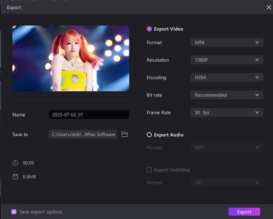Edimakor 匯出 KPop AI 虛擬偶像影片