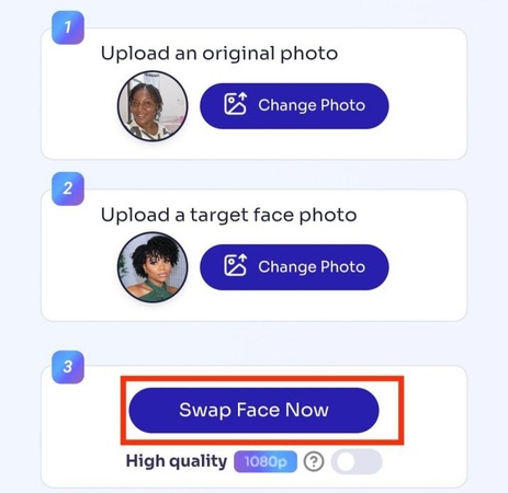 Vidqu AI 上傳目標臉部照片並開始人像變換