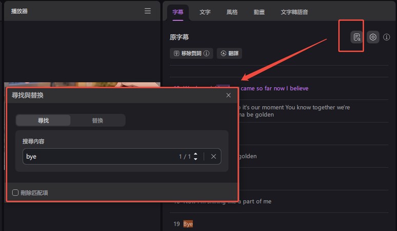 輸入替換關鍵字執行字幕文字批量取代